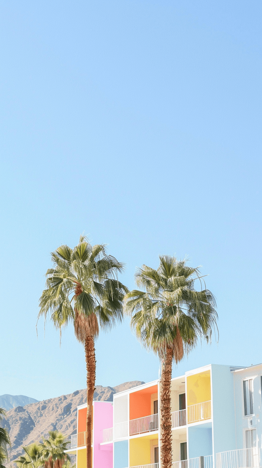 Palm trees in front of a colourful building facade with desert mountains behind