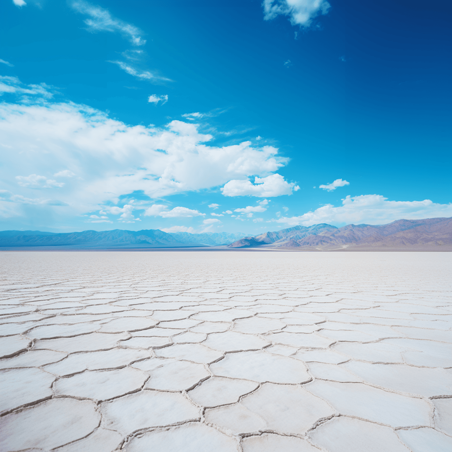 An open desert plain with distant mountains under a clear blue sky
